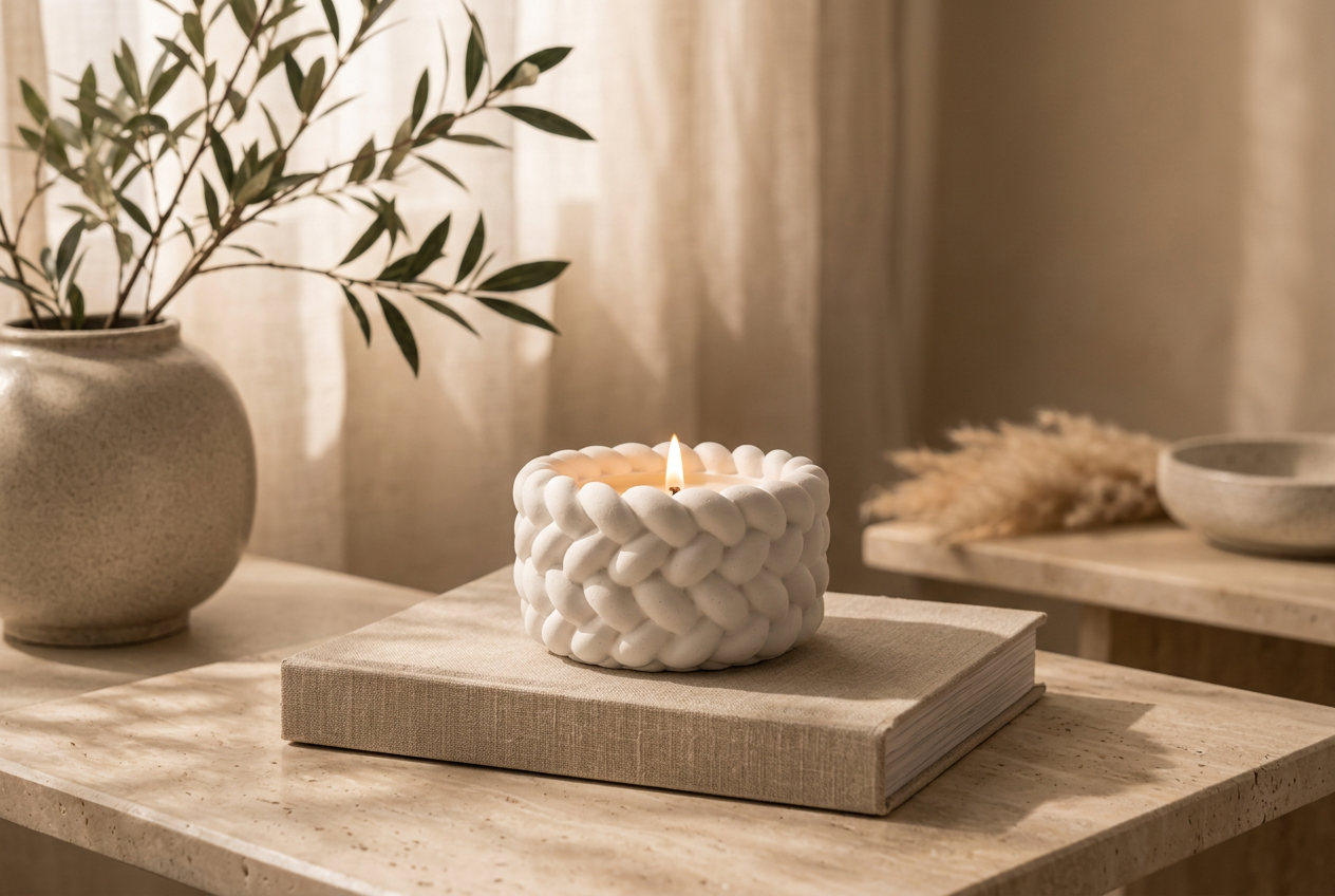 Cloud Woven Vessel candle lit on a travertine table in a warm, minimalist interior